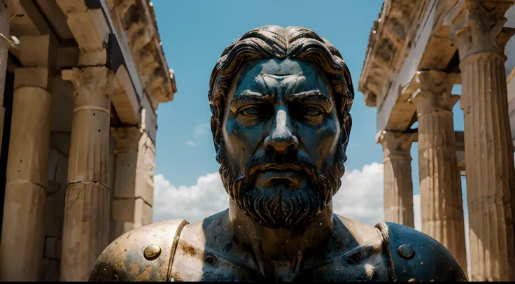 Ancient Stoic Statue With Very Angry Expression, tem barba, muitos detalhes em ambos os olhos, Outside, fundo atenas grego, open sky, com rosto extremamente detalhado full body view, Colors with low saturation with dark tone, Filmado em Sony A7S III com So...