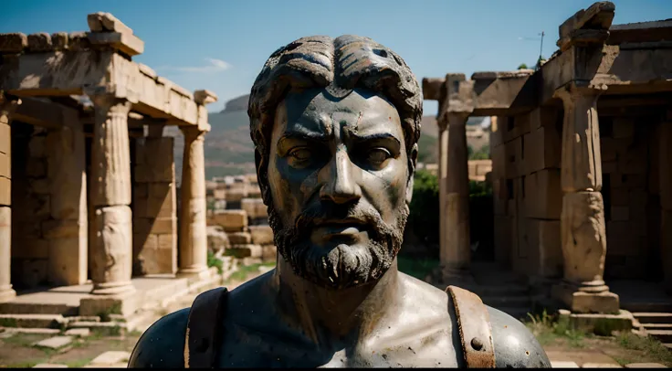 Ancient Stoic Statue With Very Angry Expression, tem barba, muitos detalhes em ambos os olhos, Outside, fundo atenas grego, open sky, com rosto extremamente detalhado full body view, Colors with low saturation with dark tone, Filmado em Sony A7S III com So...