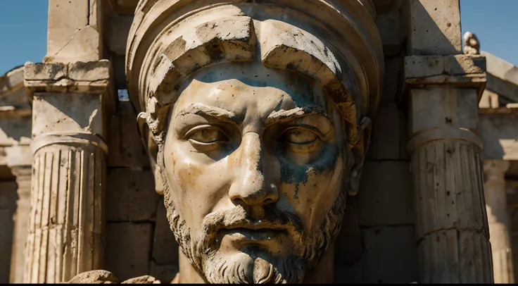 Ancient Stoic Statue With Very Angry Expression, tem barba, muitos detalhes em ambos os olhos, Outside, fundo atenas grego, open sky, com rosto extremamente detalhado full body view, Colors with low saturation with dark tone, Filmado em Sony A7S III com So...