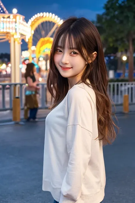 masterpiece, top quality, highly detailed CG Unity 8k wallpaper, cute girl, girlfriend, casual clothes, smile, amusement park, night, detailed background, from the side,