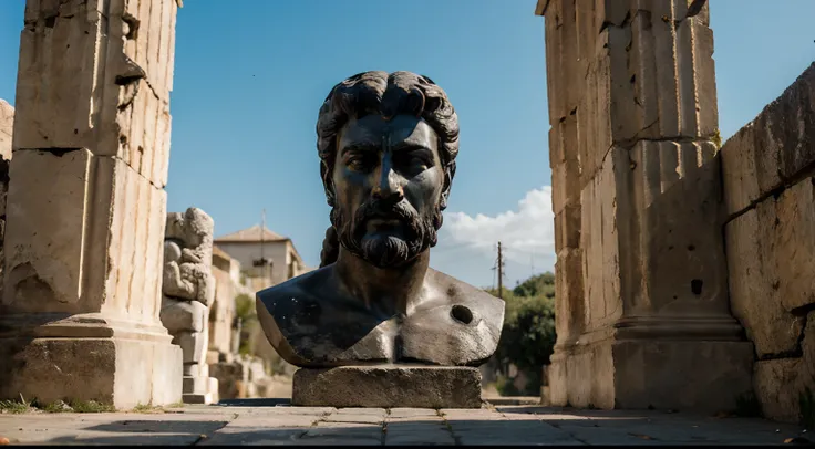 Ancient Stoic Statue With Very Angry Expression, tem barba, muitos detalhes em ambos os olhos, Outside, fundo atenas grego, open sky, com rosto extremamente detalhado full body view, Colors with low saturation with dark tone, Filmado em Sony A7S III com So...