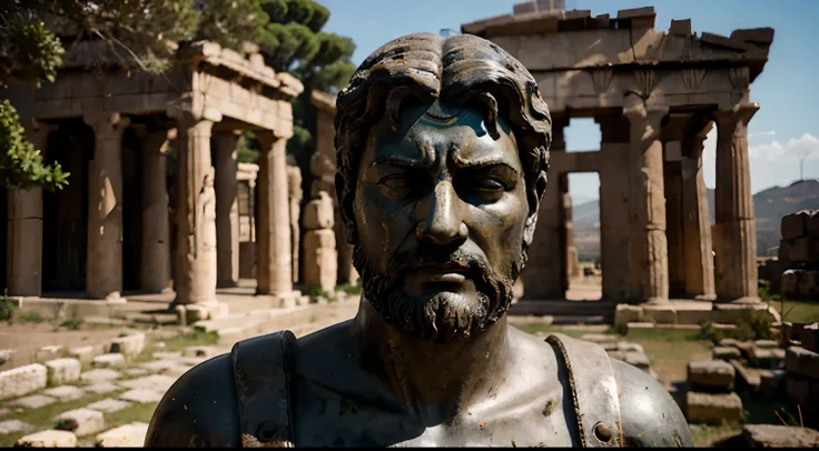 Ancient Stoic Statue With Very Angry Expression, tem barba, muitos detalhes em ambos os olhos, Outside, fundo atenas grego, open sky, com rosto extremamente detalhado full body view, Colors with low saturation with dark tone, Filmado em Sony A7S III com So...