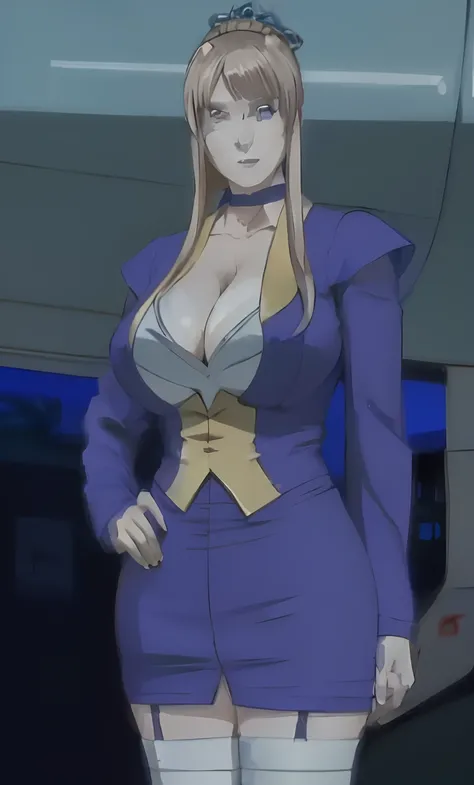 a woman in a blue dress standing next to a car, anya from spy x family, big breasts!, big breasts!!, fujita goro!, cleavage, female anime character, with a large breasts, morimoto reina, wearing headmistress uniform, in the anime film, scales covering her ...