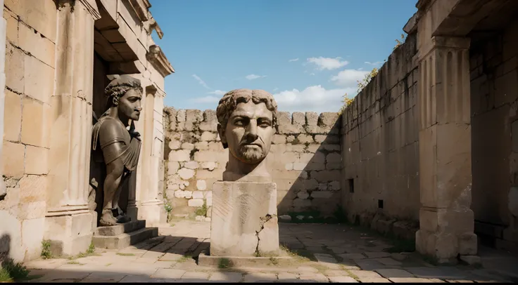 Ancient Stoic Statue With Very Angry Expression, tem barba, muitos detalhes em ambos os olhos, Outside, fundo atenas grego, open sky, com rosto extremamente detalhado full body view, Colors with low saturation with dark tone, Filmado em Sony A7S III com So...