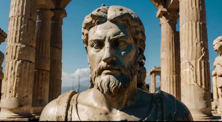 Ancient Stoic Statue With Very Angry Expression, tem barba, muitos detalhes em ambos os olhos, Outside, fundo atenas grego, open sky, com rosto extremamente detalhado full body view, Colors with low saturation with dark tone, Filmado em Sony A7S III com So...