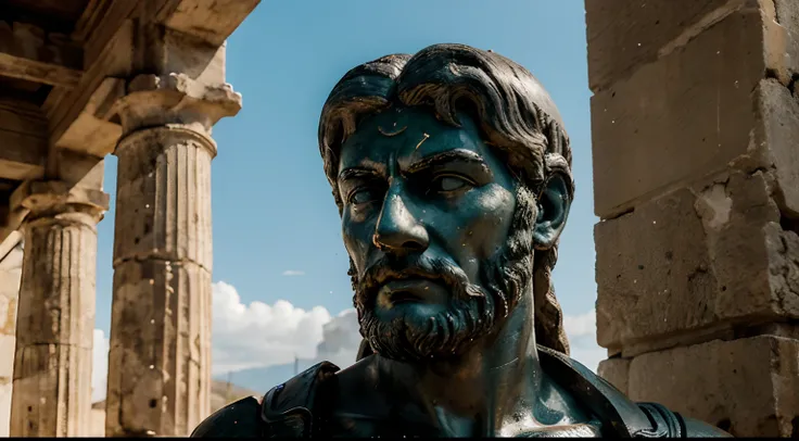 Ancient Stoic Statue With Very Angry Expression, tem barba, muitos detalhes em ambos os olhos, Outside, fundo atenas grego, open sky, com rosto extremamente detalhado full body view, Colors with low saturation with dark tone, Filmado em Sony A7S III com So...