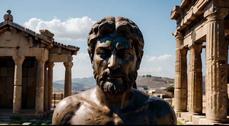 Ancient Stoic Statue With Very Angry Expression, tem barba, muitos detalhes em ambos os olhos, Outside, fundo atenas grego, open sky, com rosto extremamente detalhado full body view, Colors with low saturation with dark tone, Filmado em Sony A7S III com So...