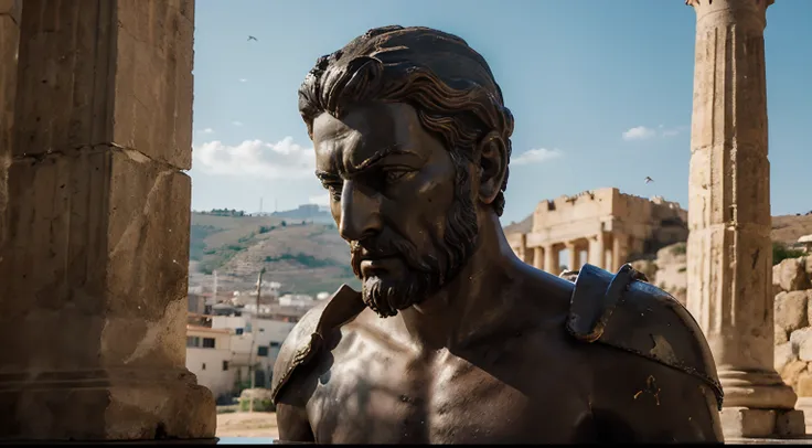 Ancient Stoic Statue With Very Angry Expression, tem barba, muitos detalhes em ambos os olhos, Outside, fundo atenas grego, open sky, com rosto extremamente detalhado full body view, Colors with low saturation with dark tone, Filmado em Sony A7S III com So...