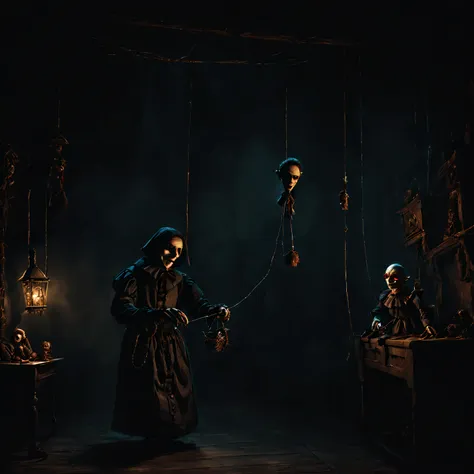 arafed image of a man in a dark room with a puppet, still from a fantasy movie, creepy marionette puppet, an ominous fantasy ill...