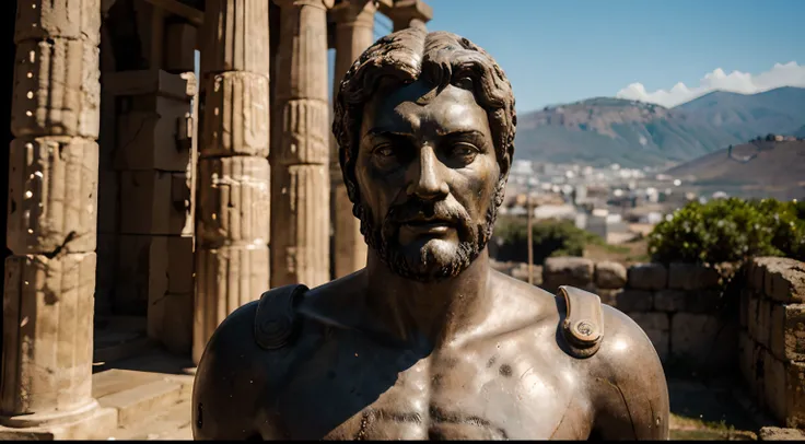 Ancient Stoic Statue With Very Angry Expression, tem barba, muitos detalhes em ambos os olhos, Outside, fundo atenas grego, open sky, com rosto extremamente detalhado full body view, Colors with low saturation with dark tone, Filmado em Sony A7S III com So...