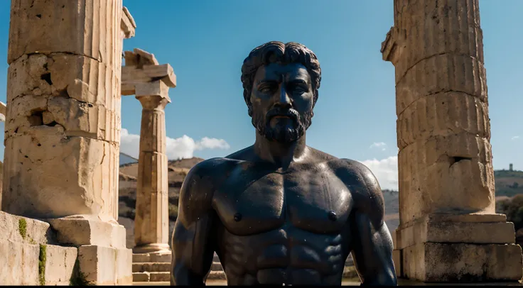 Ancient Stoic Statue With Very Angry Expression, tem barba, muitos detalhes em ambos os olhos, Outside, fundo atenas grego, open sky, com rosto extremamente detalhado full body view, Colors with low saturation with dark tone, Filmado em Sony A7S III com So...