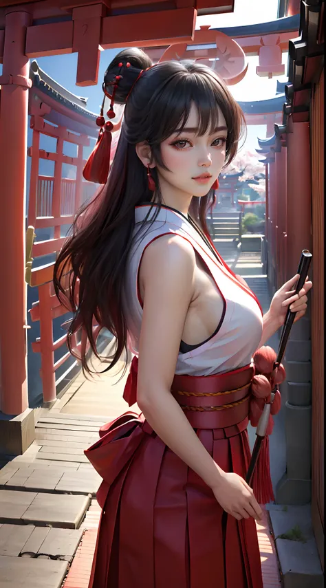 (masterpece:1.3),  (photorealistic:1.3),  (best quality:1.3),  8k,  uhd,  high resolution,  1girl,  ((large breats)),  best lighting,  best shadow,  hakama, torii, temple, japanese, red skirt, sleeveless,