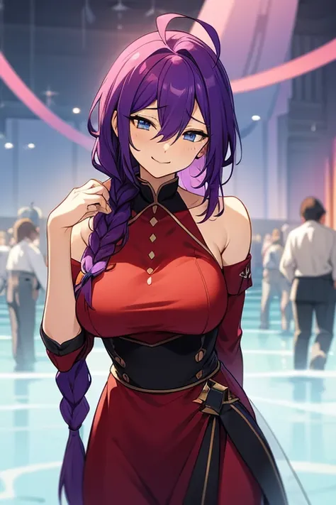 long hair, mole under mouth, purple hair, single braid, hair between eyes, cyan eyes, smile, ahoge, 1girl, cowboy shot, big breasts, big boobs, red dress, party, bare shoulders