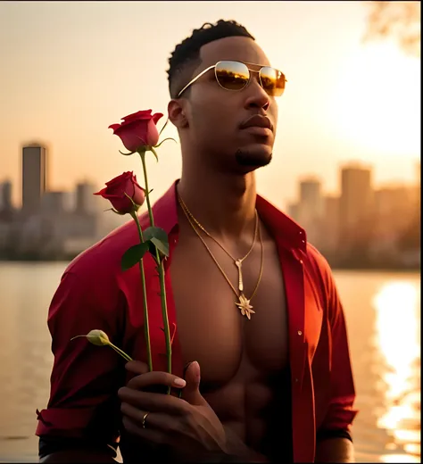 a close up of a man holding a rose near a body of water, profile pic, photo shoot, art masterpice, holding a rose, taken in the early 2020s, shot at golden hour, inspired by David Bailly, by Valentine Hugo, flowers growing out of his body, masterpice, anth...