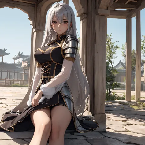 Female general，Raised sexy，plumw，is dressed in armor，Silvery hair，15-year-old girl，National style，period costume，long whitr hair，full bodyesbian，Long hair，China-style，ancientry，Dark  skin，3 d animesexy，see-through transparent clothes，sat on the ground，dew