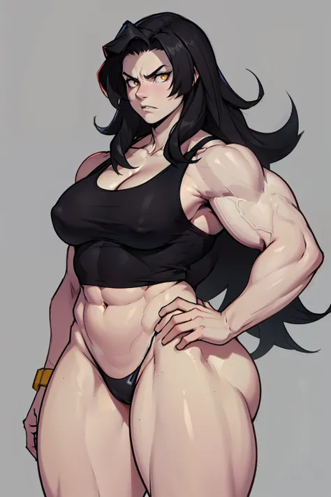 pale skin ((1 girl muscular toned body bodybuilder curvy wide hips thick thighs)) ((grey background)) black hair yellow eyes (very long hair) angry (solo) standing tank top