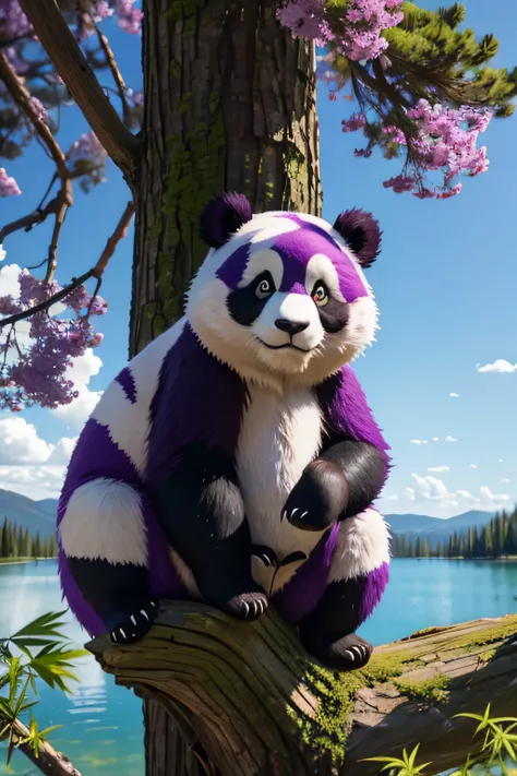 purple panda next a weed tree near a red lake