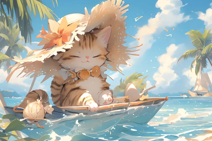 ,(Masterpiece:1.2, high quality), cat, no humans, flower, hat, outdoors, closed eyes, beach, tree, palm tree, ocean, seashell, boat, straw hat, sky, shell, watercraft, :3, blush, day, hat flower, cloud, sitting, animal, water, sand, closed mouth