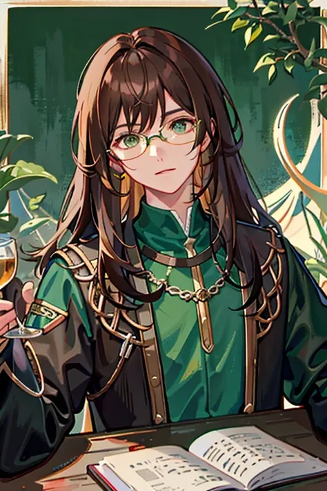 1boy, , bangss, , Brown hair, , verd s eyes, eye glasses、verdant、hair between eye, male focus, alchemist, Long, Highly detailed and anatomically correct, Sharp Images, digitial painting、green clothing、length hair、medieval times