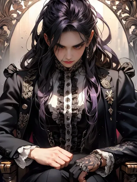 A gothic black man, , , with a dread hair, , , villain, , , black clothes with purple detail, , , the clothes follow a Victorian style.