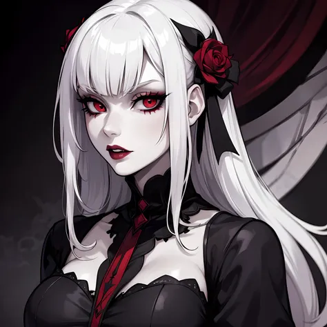 female vampire, has white/silver hair, has red eyes, masterpiece, perfect eyes, pale skin, wearing gothic dress, wearing black l...