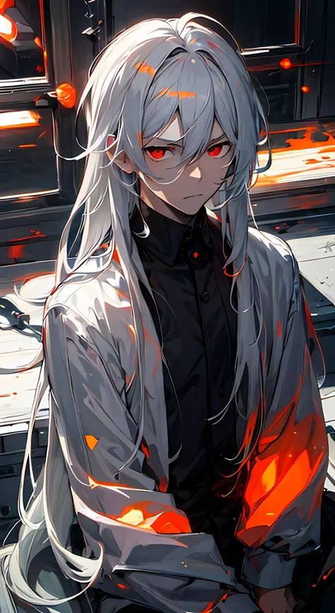 anime - style image of a man with white hair and orange-red eyes, white haired, detailed anime character art, wearing black robe with glowing red-orange patterns on it, anime character portrait, with glowing orange-red eyes, white haired deity, he had whit...