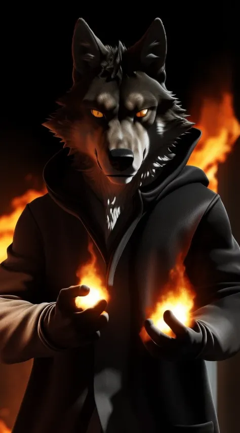 (best quality, 4k, 8k, high, masterpiece: 1.2), ultra-detailed, (realistic, photorealistic, photorealistic: 1.37), (the ultimate Orochi Mr. Wolf) looking at the viewer with golden eyes, wearing a black cape with hood and the same outfit as iori yagami deta...