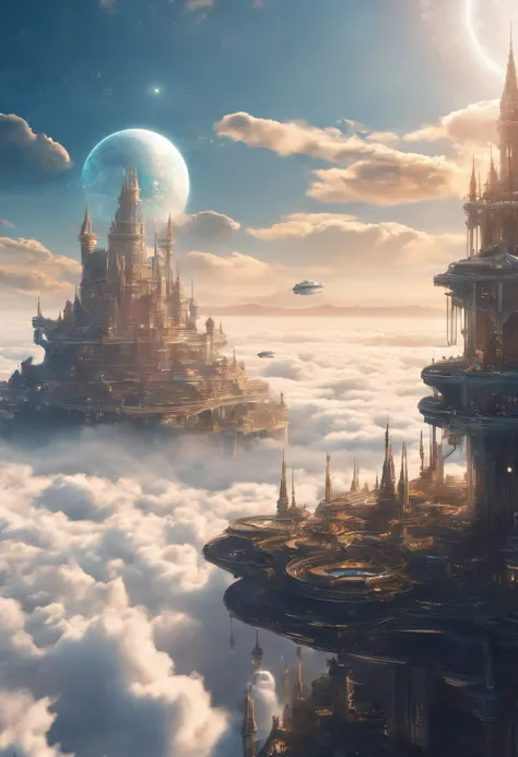 ((A vast world above the clouds:1.2)), (A large and magnificent castle in the center), A castle town in front of the castle, Airships flying around the castle, during daytime, The sky is clear,