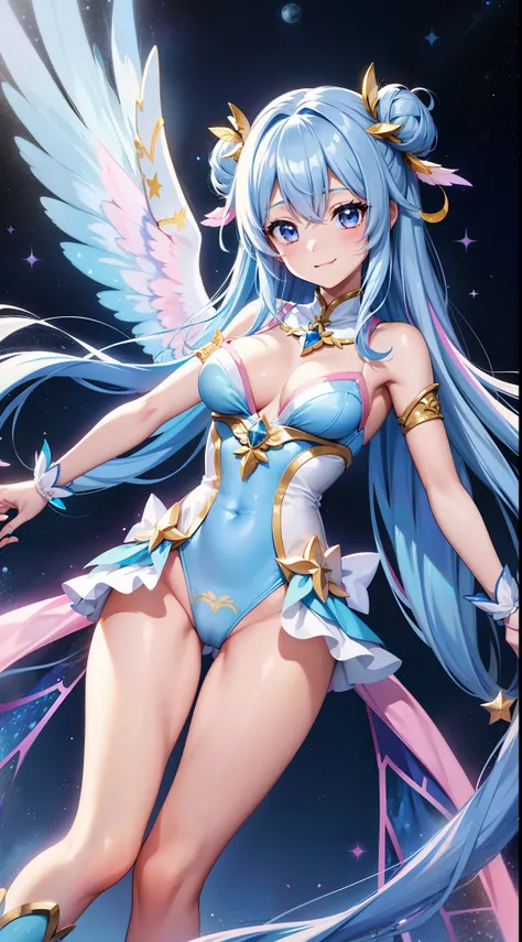 Super Idol　a beauty girl　A charming smile　sky blue hair　length hair　Twin-tailed　Glittering pink, white, Blue, Yellow leotards youve never seen before　Looking at the camera　7 colors of angel great wings on the back　Mystical　Fantasia　constellation　a moon　Cry...