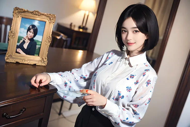 93
(a 20 yo woman,is standing), (A hyper-realistic), (masutepiece), ((short-hair:1.46)), (Smooth black hair), wear long pants, (Wearing a long-sleeved shirt with a floral print), (painterly、picture frame), (Gentle smile), (Keep your mouth shut)