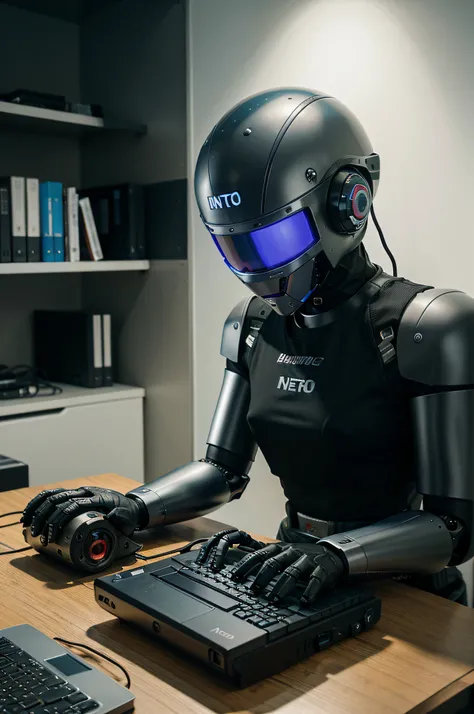 A realistic robotic hacker hand hacking into a computer, a cena tem um notebook e a tela ligada, and a robotic hacker hand entering it, representando um ataque hacker moderno, fundo neutro, fundo branco