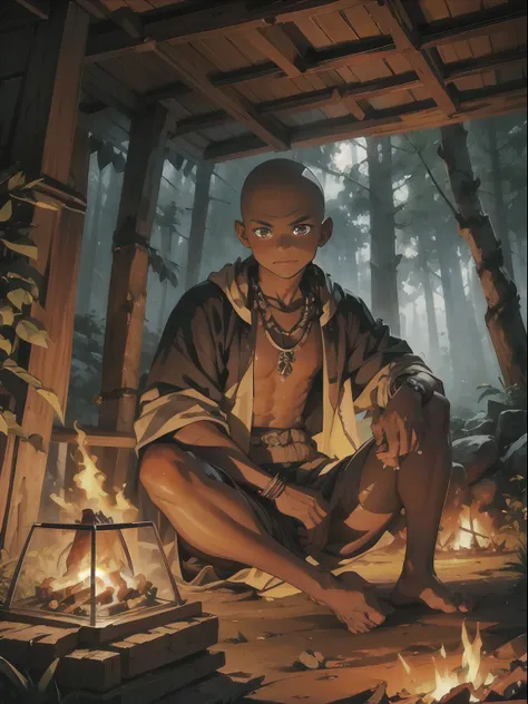 tribal , in the forest , sitting in the hut , dark skin boy  , bonfire , young boy , ornament , tribal chief ,  skin head , necr...