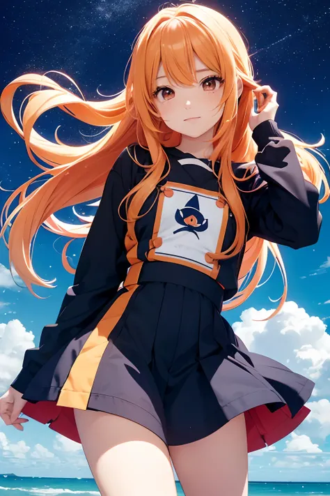 chica anime con cabello naranja y ojos azules con una estrella en la cabeza, Ella tiene una linda cara expresiva, linda cara de anime, Cara de chica de anime extremadamente linda, Danbooru, Lolish, Chica de anime llamada Lucy, booru, Shikamimi, en un anime...