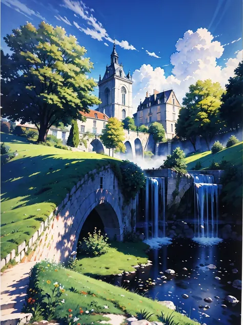 (absurdres, highres, ultra detailed), award winning watercolor landscape view of France  Ultra photo realism, super-fine, 8K,Premium wallpapers，Highest image quality, 3D, masterpeice