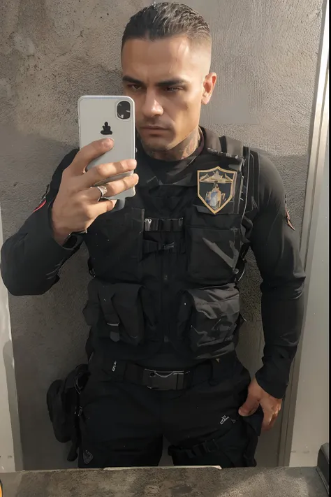 Meio Corpo, um empreiteiro militar, macho, Moicano curto, corpo treinado, tatuagem, traje de combate preto, cargo pants, Black Tactical Vest Loaded with Charger, coldre preto carregado com pistola, tactical boots, fundo preto do SUV