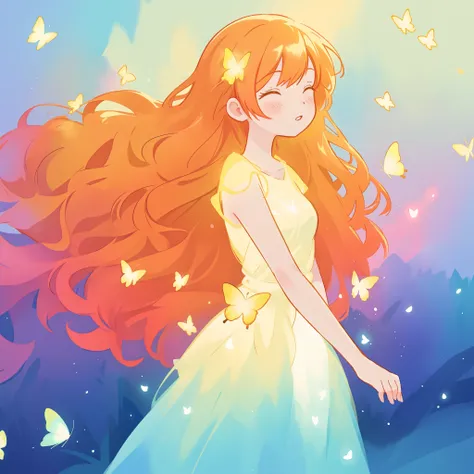 beautiful girl in flowing puffy gradient gold to aqua ballgown, ((glowing yellow butterflies)), long sparkling red hair, fantasia background, watercolor illustration, inspired by Glen Keane, inspired by Lois van Baarle, disney art style, by Lois van Baarle...