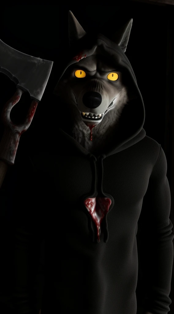 Mr. Wolf staring at the viewer with a lot of hatred in his Golden eyes, I think hes possessed by some entity holding an axe covered in blood, threatening to rip out the viewers heart in a crude way, a weird and bizarre background of a house full of blood, ...