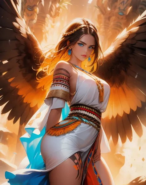 masterpiece, Cowboy shot, (1woman), (1 Eagle behind her), (tribal dress:1.2), (beautiful blue eyes), ((tribal (Eagle) tattoo)), white and orange colors, foggy background, dynamic pose, (looking at viewer), (front view), (from sky), (bokeh:1.2)