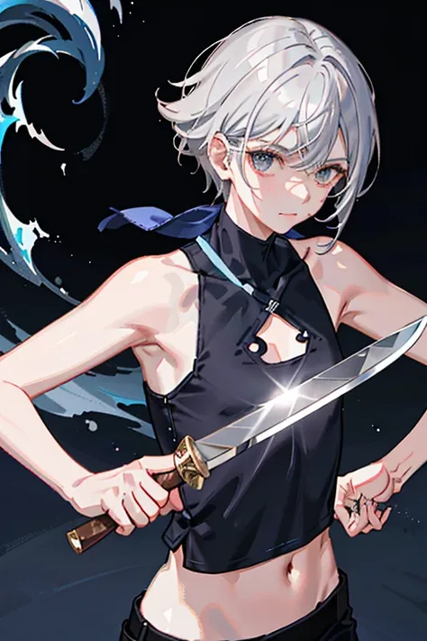 1boy,ember、greys、shoun、short-haired、Silvery hair、Cover your mouth with an indigo scarf、Sharp eyes、Straight face、Killer、Hold the knife、Knives、Ash Tank Top、Slum、 Highly detailed and anatomically correct, Sharp Images, digitial painting, concept-art