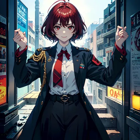 Sentada em uma poltrona luxuosa, at office, leve sorriso, black military uniform with red details, glass of wine in hand, Anime, Red iris, Red eyes, red hair, short hair, alone, belos olhos detalhados, pele oleosa, ahoge, pele fina, Seios grandes :1.1, Opp...