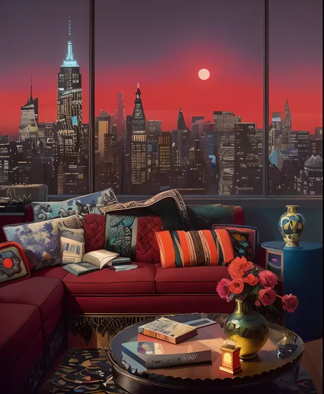 Ararfed view of a living room with a red sofa and a view of the city, starly sky, David Wiesner, Directed by: Robert Scott Lauder, perfect maximalistic composition, Paisagem urbana na janela, Directed by: Yvonne Jacquette, Directed by: John Moonan, inspira...