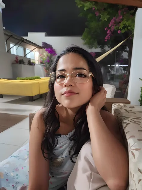 Theres a young woman sitting on a couch with her hand on her head, girl with glasses, girl wearing round glasses, imagem retrato, mid portrait, Alanis Guillen, Parece Fabiula Nascimento, Violeta Myers, andrea rocha, with glasses on, With eye Glasses, Direc...