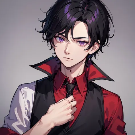 ((portrait)), ((1boy)), ((short black hair)), ((((4:6 sided part hair)))), ((purple eyes)), pale skin, ((masterpiece)), ((best quality)), ((red shirt)), ((black vest)), ((((manly)))), ((20 years old)), ((solo)), ((solid background)), simple background