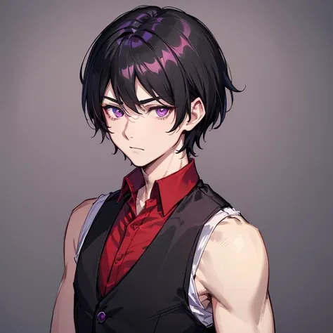 ((portrait)), ((1boy)), ((short black hair)), ((((4:6 sided part hair)))), ((purple eyes)), pale skin, ((masterpiece)), ((best quality)), ((red shirt)), ((black vest)), ((((manly)))), ((20 years old)), ((solo)), ((solid background)), simple background