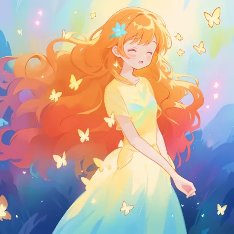 beautiful girl in flowing puffy gradient gold to aqua ballgown, ((glowing yellow butterflies)), long sparkling red hair, fantasia background, watercolor illustration, inspired by Glen Keane, inspired by Lois van Baarle, disney art style, by Lois van Baarle...