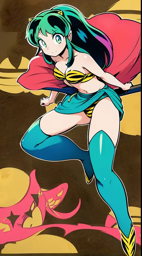 lum, , superhero costume, urusei yatsura, cloak, pants, pullover, lance holding, weapon holding