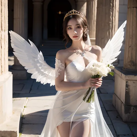 Ancient Greek ruins where only pillars remain、Walk in front of the fountain、Full body posture、8K、realphoto、超A high resolution, Master Parts, Best Quality, nffsw , cinematic images,Lovely girl、ann、18year old、Anglo-Saxon、二重まぶた、drooing eyes、Very big eyes、Dark...