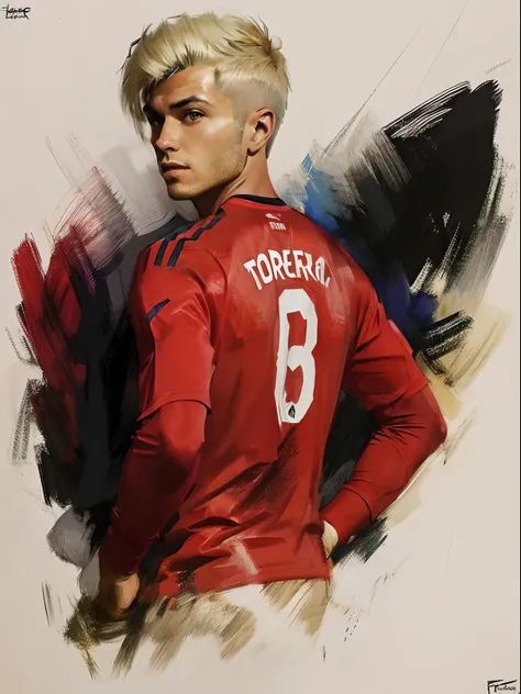 Homem Soccer Player face, style greg rutkowski realist, style anime, Ferran Torres, cabelo platinado com tatuagens no corpo