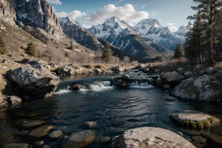 Best Quality, Masterpiece, High Resolution, Ultra HD, High Detail, 16K, Natural Landscapes, Streams, Mountains, Gently Flowing Streams, Clear, True, Octane Rendering