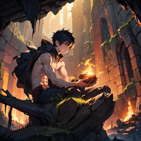 (young boy) , giant spider , shota , topless , magic , sorcerer , pet , dark cave , vivid light , giant monster , sitting , bonf...